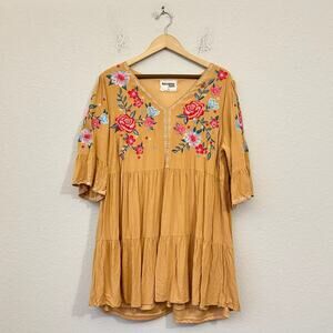 SAVANNA JANE Tunic Top Mustard Yellow Floral Embroidered Tiered Peasant
